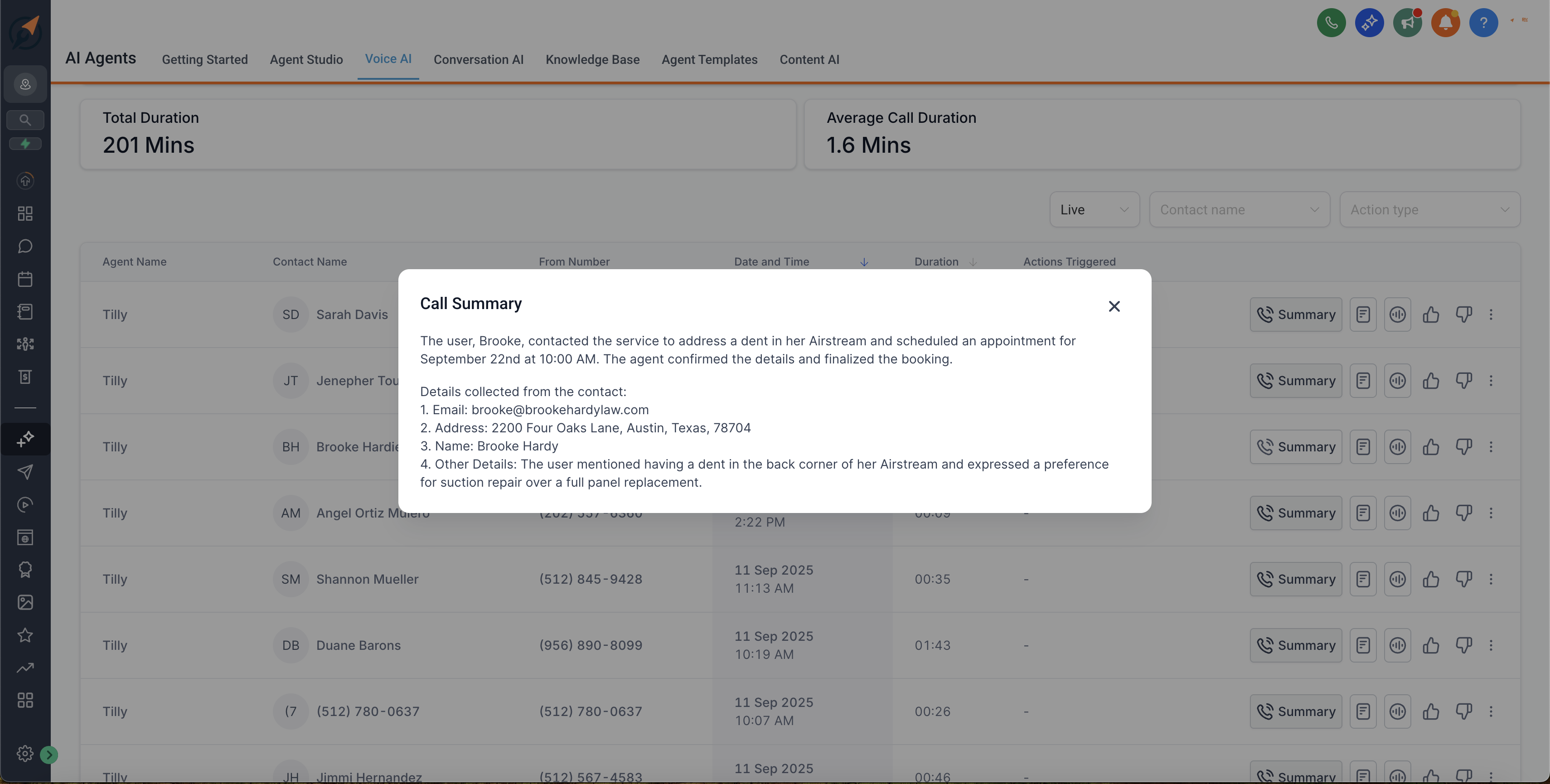 AI-generated call summary showing customer details and appointment information