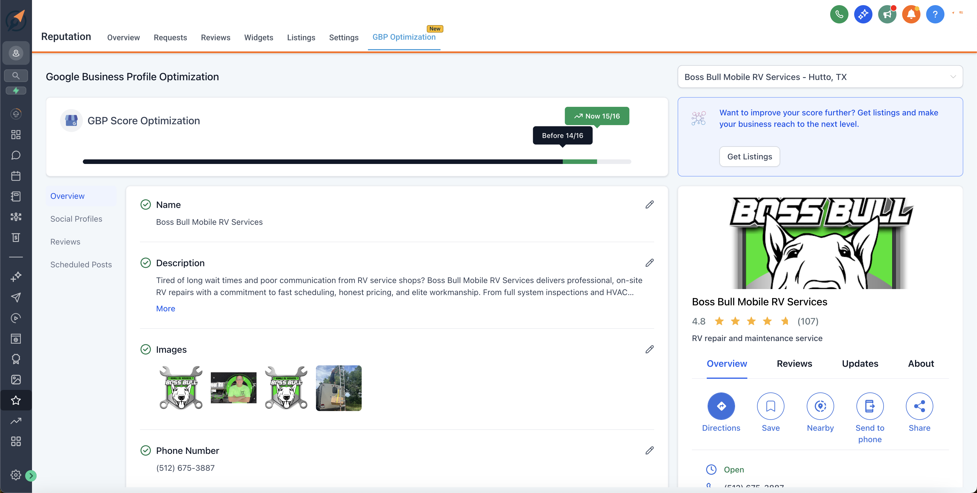 Google Business Profile Optimization showing 15/16 score with Boss Bull Mobile RV Services profile