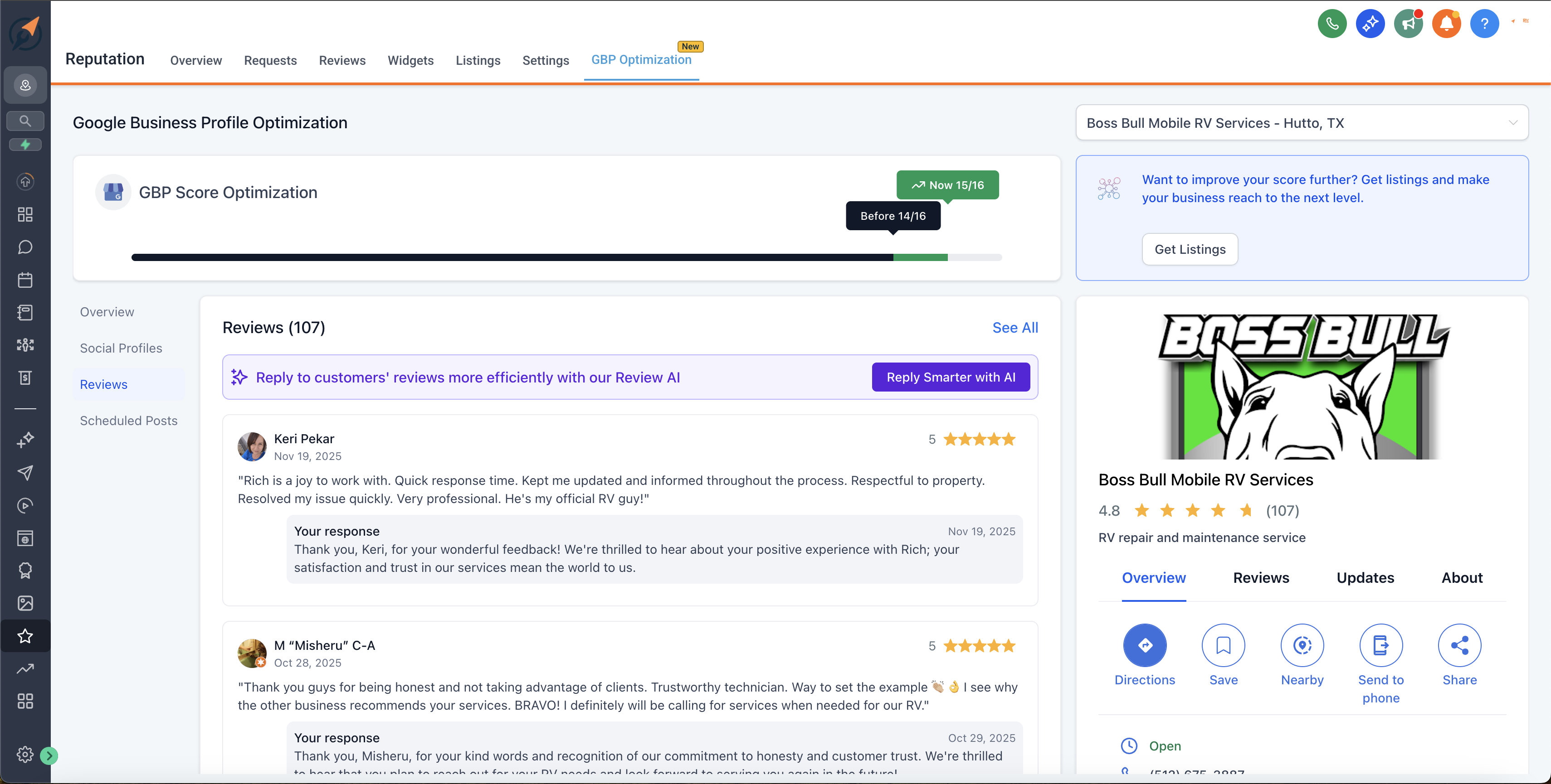 Google Business Profile showing AI-generated review responses for Boss Bull Mobile RV Services